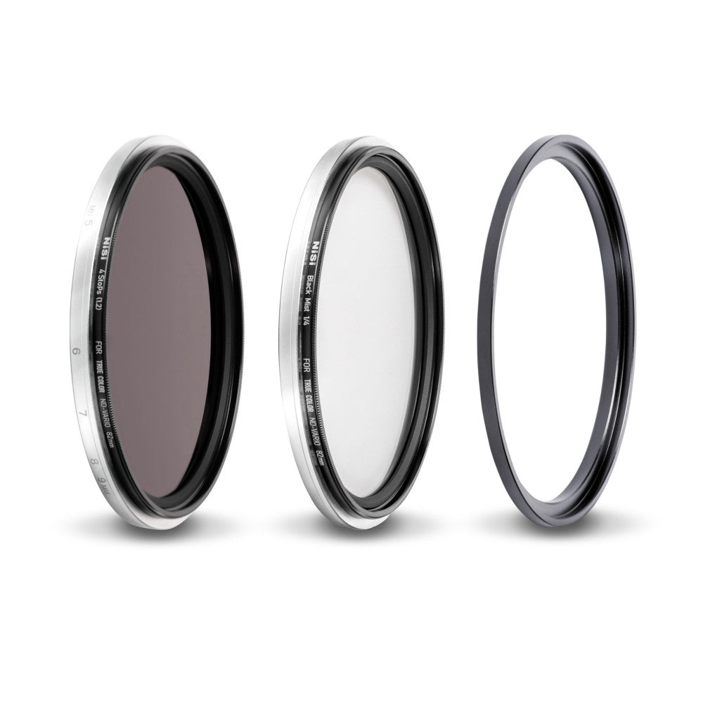 Three camera lens filters displayed front-facing against a white background, showing their circular glass elements and metal rings from left to right.
