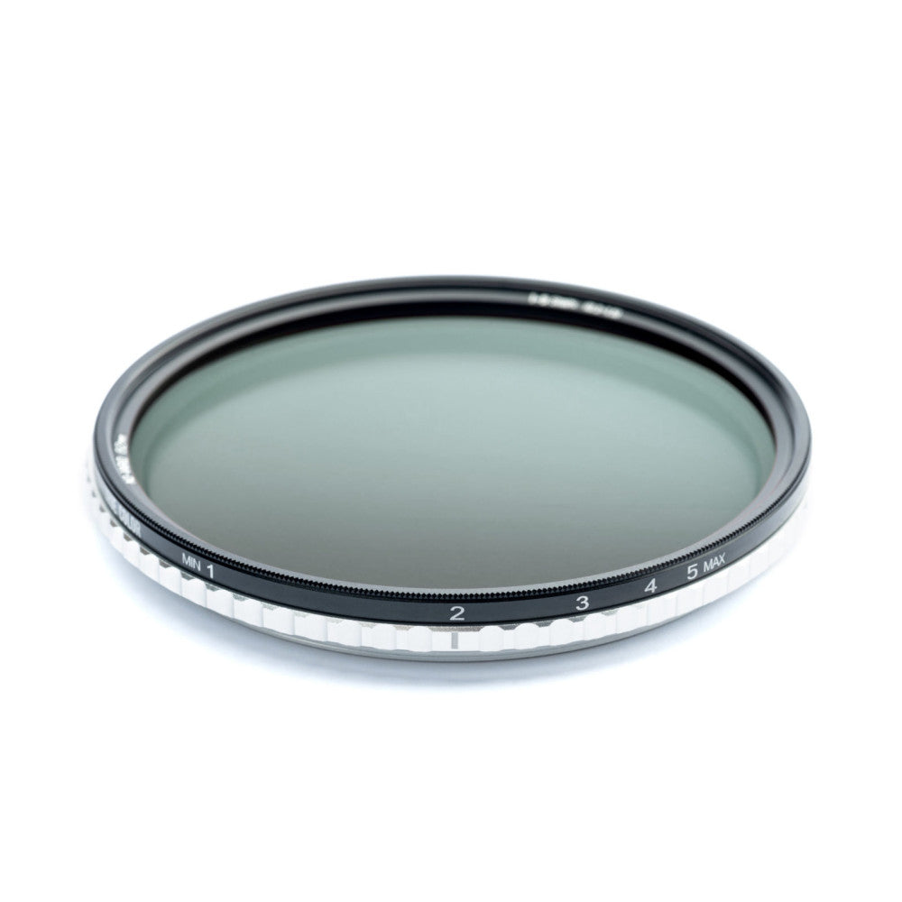 Top-down angled view of a circular camera filter with a rotating dial showing numbered stops from MIN 1 to 5 MAX, displayed against a white background.