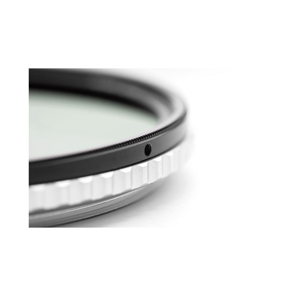 Close-up side view of a 72mm camera filter ring showing the threaded edge and adjustment markings on the metallic frame against a white background.