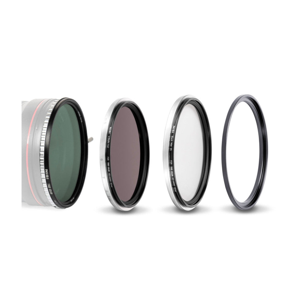 Four circular camera lens filters displayed in a row, showing a polarizing filter, neutral density filter, UV filter, and protective ring from left to right.