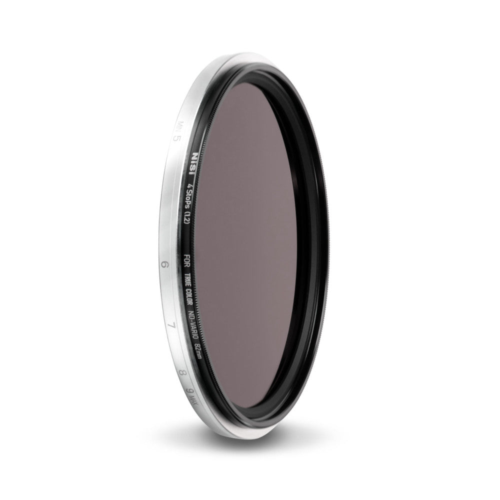 Side view of NiSi 82mm variable ND filter showing white and black rotating rings with adjustment markings and dark tinted glass center.