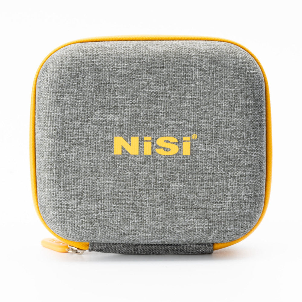 Gray fabric storage case with yellow trim and NiSi branding, shown closed with carrying handle against white background.