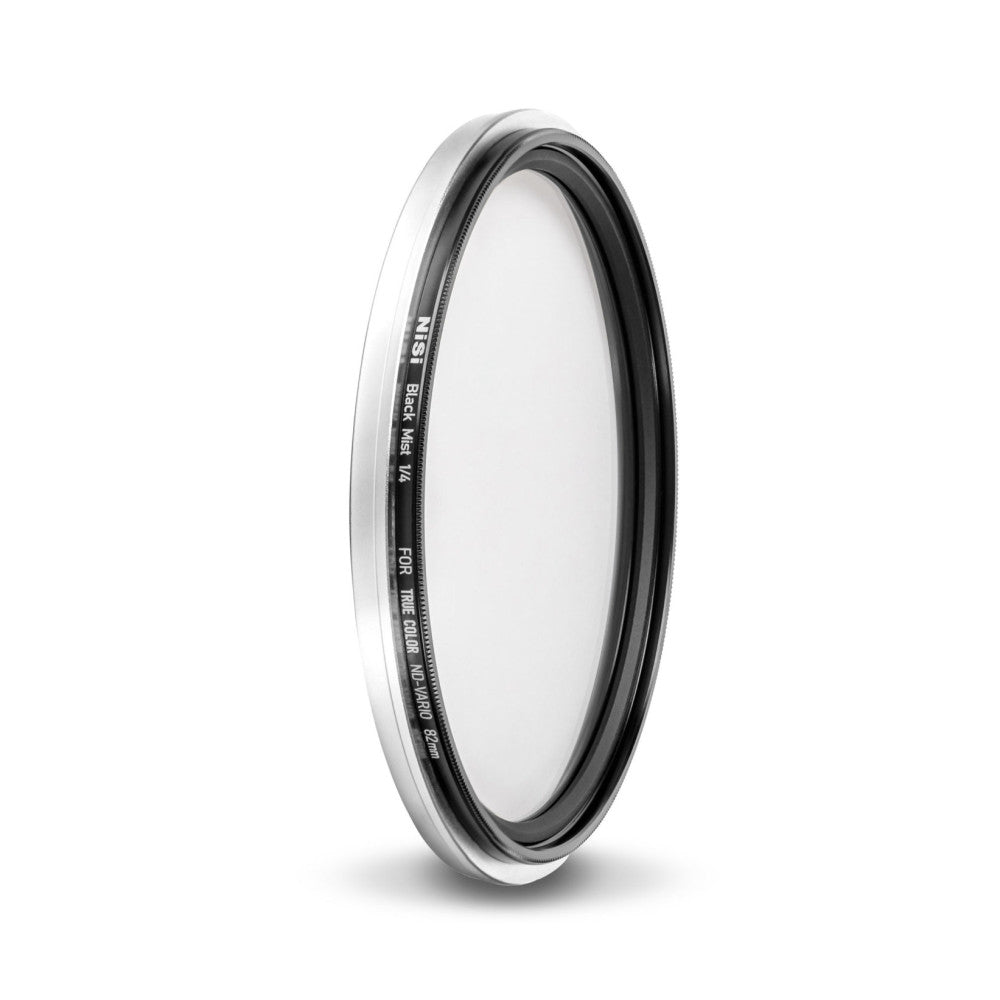 Side view of a circular camera filter with white outer ring and dark inner filter element, showing product text on the barrel against a white background.