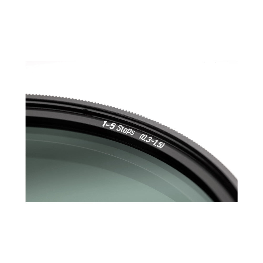Close-up of NiSi SWIFT 82mm VND filter rim showing "1-5 Stops (0.3-1.5)" text engraved on black metal band.
