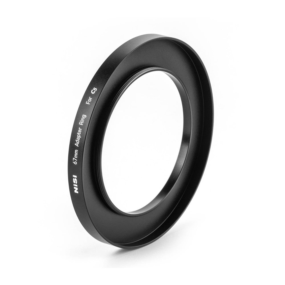 Black cylindrical adapter ring shown at an angle, displaying engraved text "NiSi 67mm Adapter Ring For C5" on its surface against a white background.