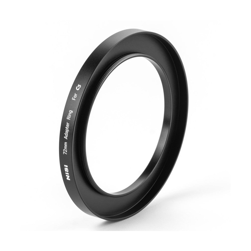 Black circular adapter ring shown at an angle, displaying engraved text "NiSi 72mm Adapter Ring for C5" on the outer surface against a white background.