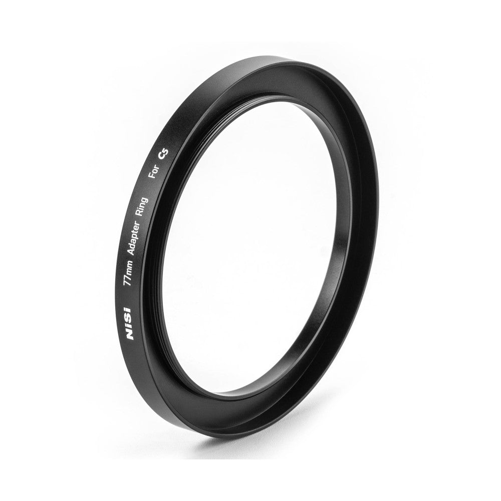 Black 77mm adapter ring shown at an angle, displaying engraved text and inner threading detail against white background.