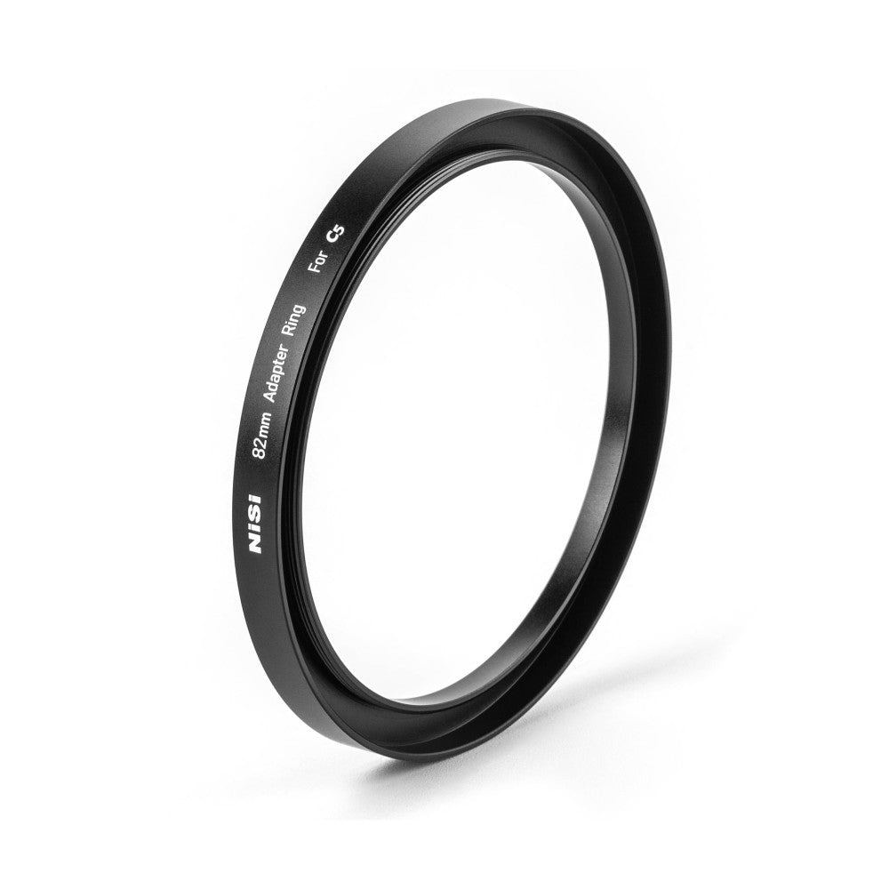 Black metal adapter ring with "NiSi" branding and "82mm Adapter Ring For C5" text, shown at a three-quarter angle against white background.
