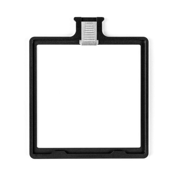 Front view of a black square filter tray with metal attachment bracket at top and open center frame for mounting filters.