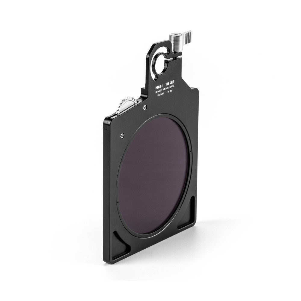 NiSi Cinema VND filter in black matte box holder with dark tinted glass, shown at three-quarter angle against white background.