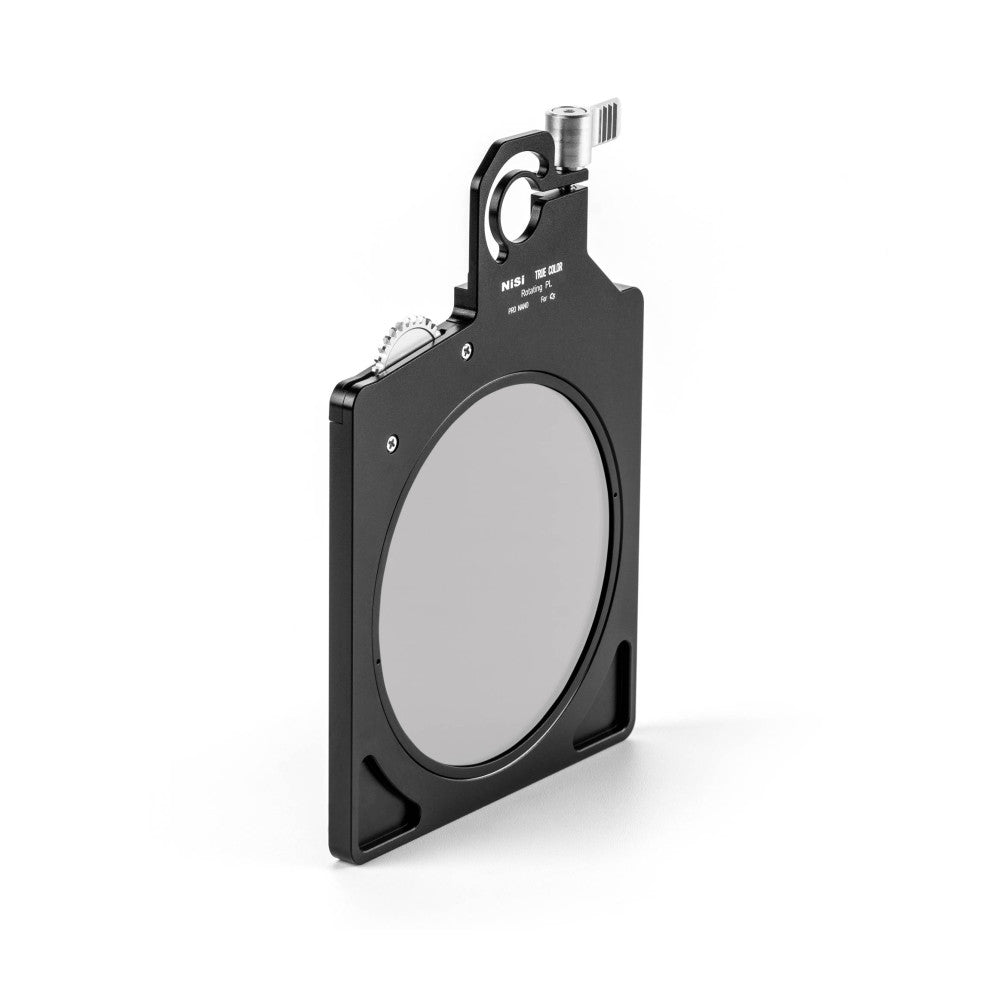 Black matte box filter holder with circular glass lens element and rotating polarizing filter mechanism mounted on top, shown at three-quarter angle.