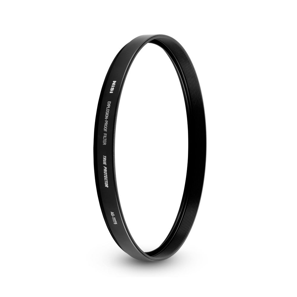 Black circular filter ring shown at three-quarter angle against white background, displaying textured interior surface and engraved text on outer band.