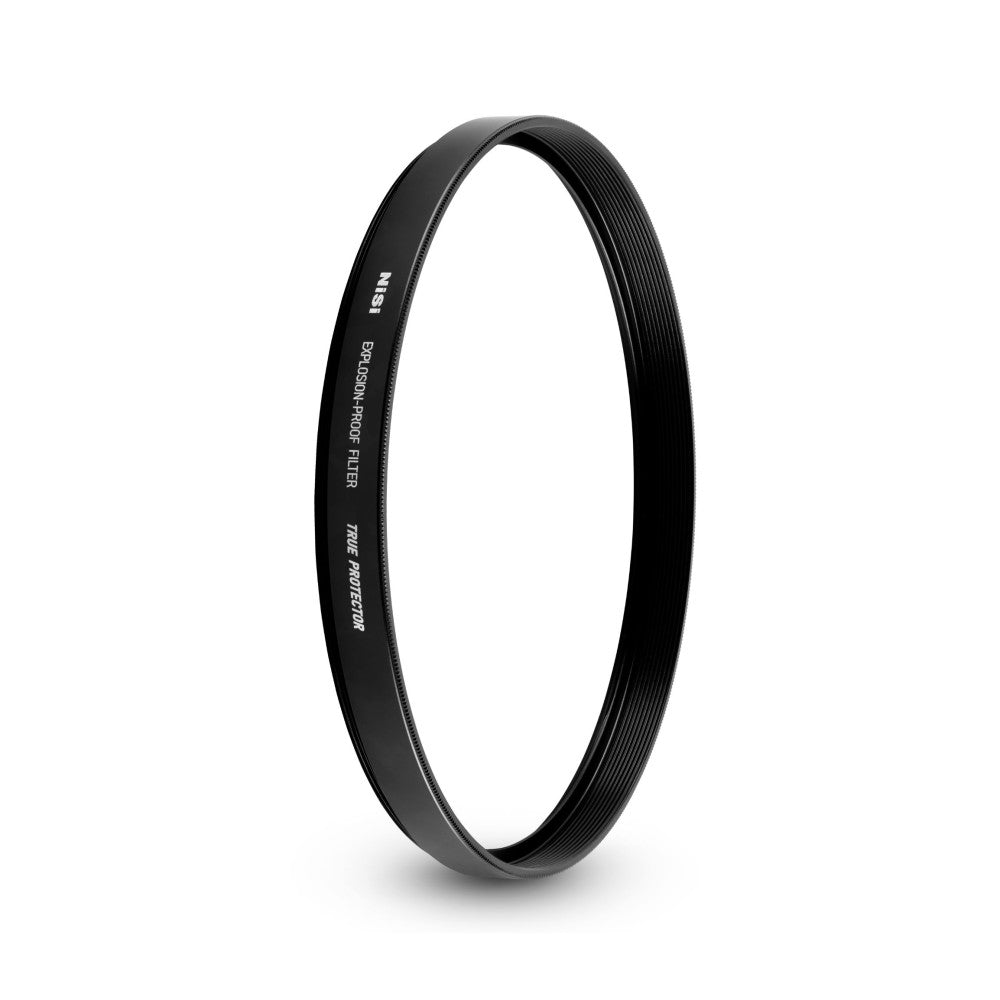 Black circular camera filter ring displayed at an angle showing textured interior surface and engraved text on the outer band against a white background.