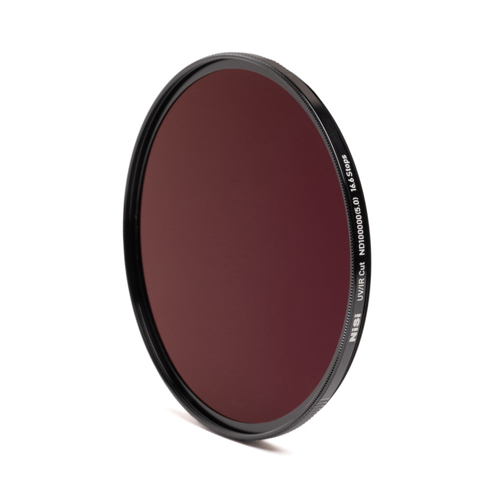 Dark red circular camera filter shown at an angle against white background, displaying text on the black metal ring edge.