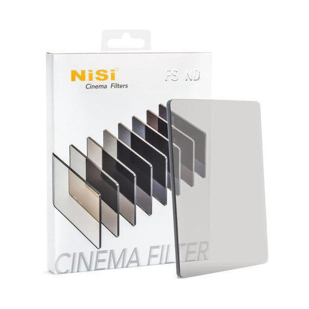 NiSi Cinema ND filter package showing multiple rectangular filters fanned out displaying various density levels, with packaging box visible.