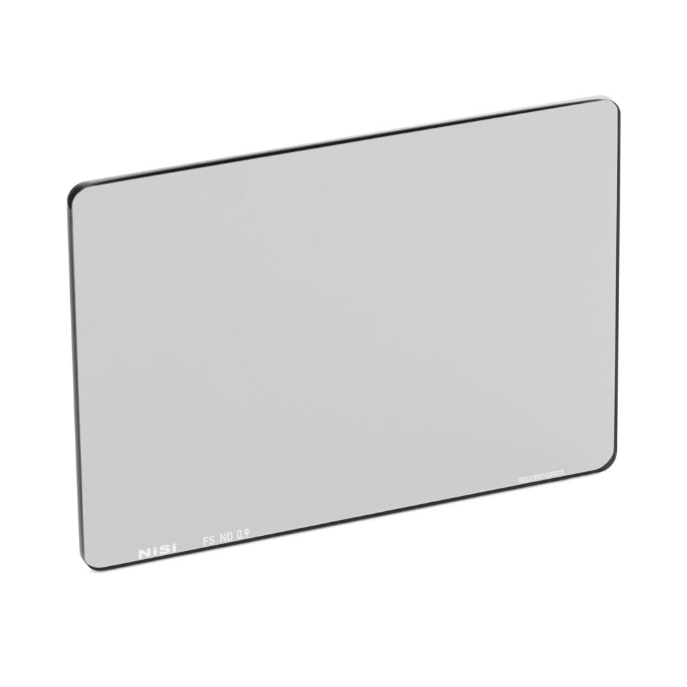Angled perspective view of a rectangular gray neutral density filter with rounded corners and black border, showing the NiSi branding and FS ND 0.9 marking on the lower left.