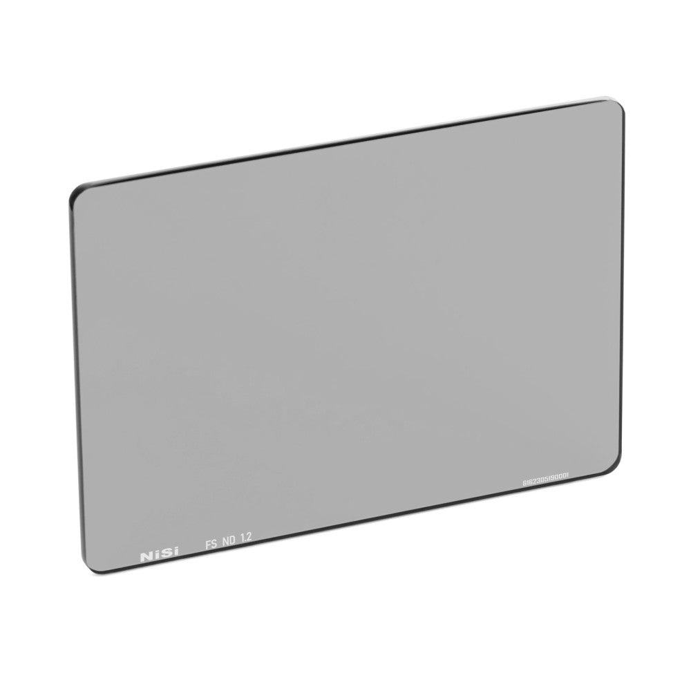 Angled perspective view of a rectangular gray ND filter with rounded corners, showing the NiSi branding and "FS ND 1.2" marking on the lower left edge.