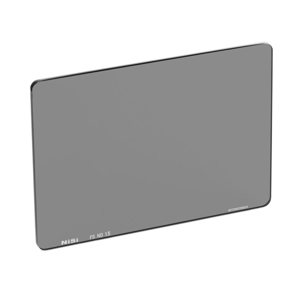 Isometric view of a rectangular gray NiSi ND filter with rounded corners, showing the front surface and left edge against white background.