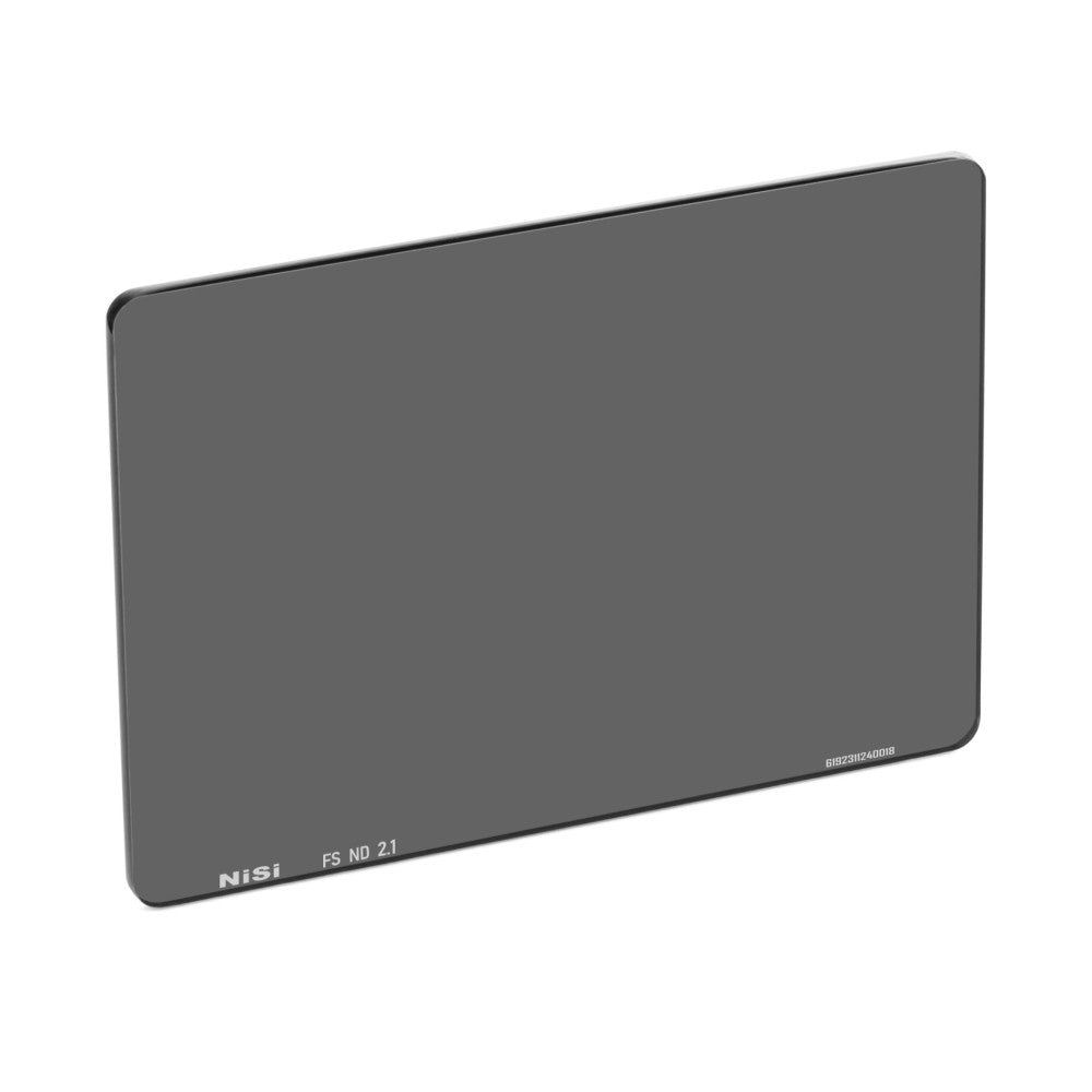 Angled view of a rectangular gray NiSi FS ND 2.1 neutral density filter with rounded corners and visible labeling on the front edge.