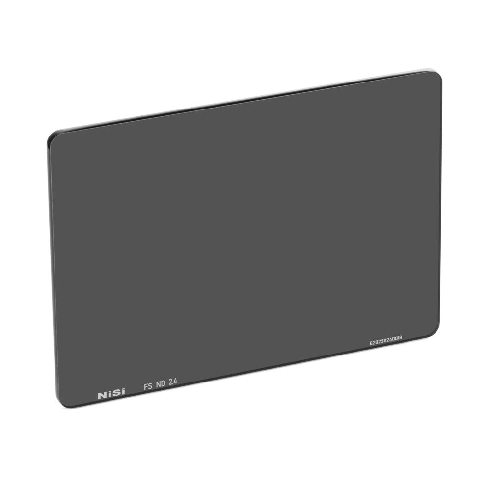 Angled side view of a rectangular dark gray NiSi ND filter with rounded corners, showing the "FS ND 2.4" label on the bottom left edge against a white background.