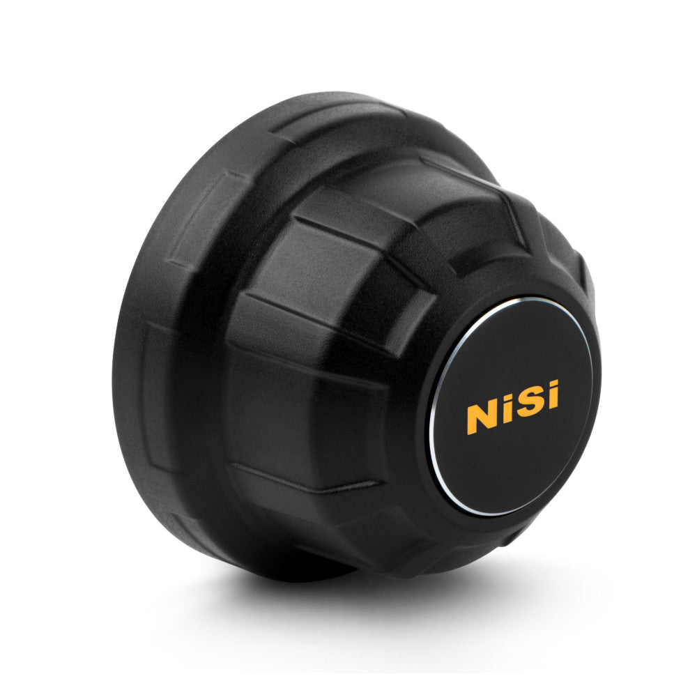 Black spherical NiSi rear lens cap with yellow branding, shown at an angled three-quarter view against white background.