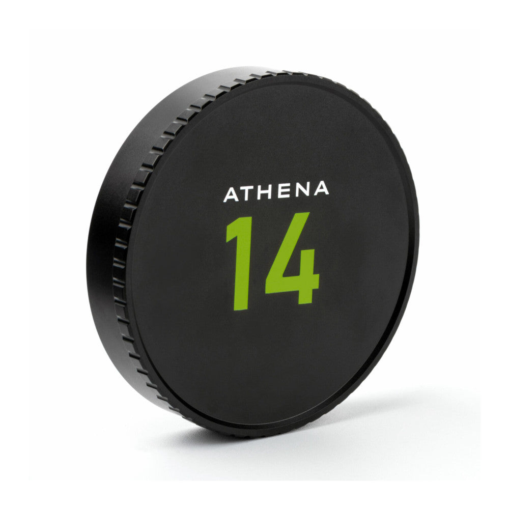 Black lens cap with "ATHENA 14" in white and lime green text, shown at an angle displaying the threaded rear edge against a white background.