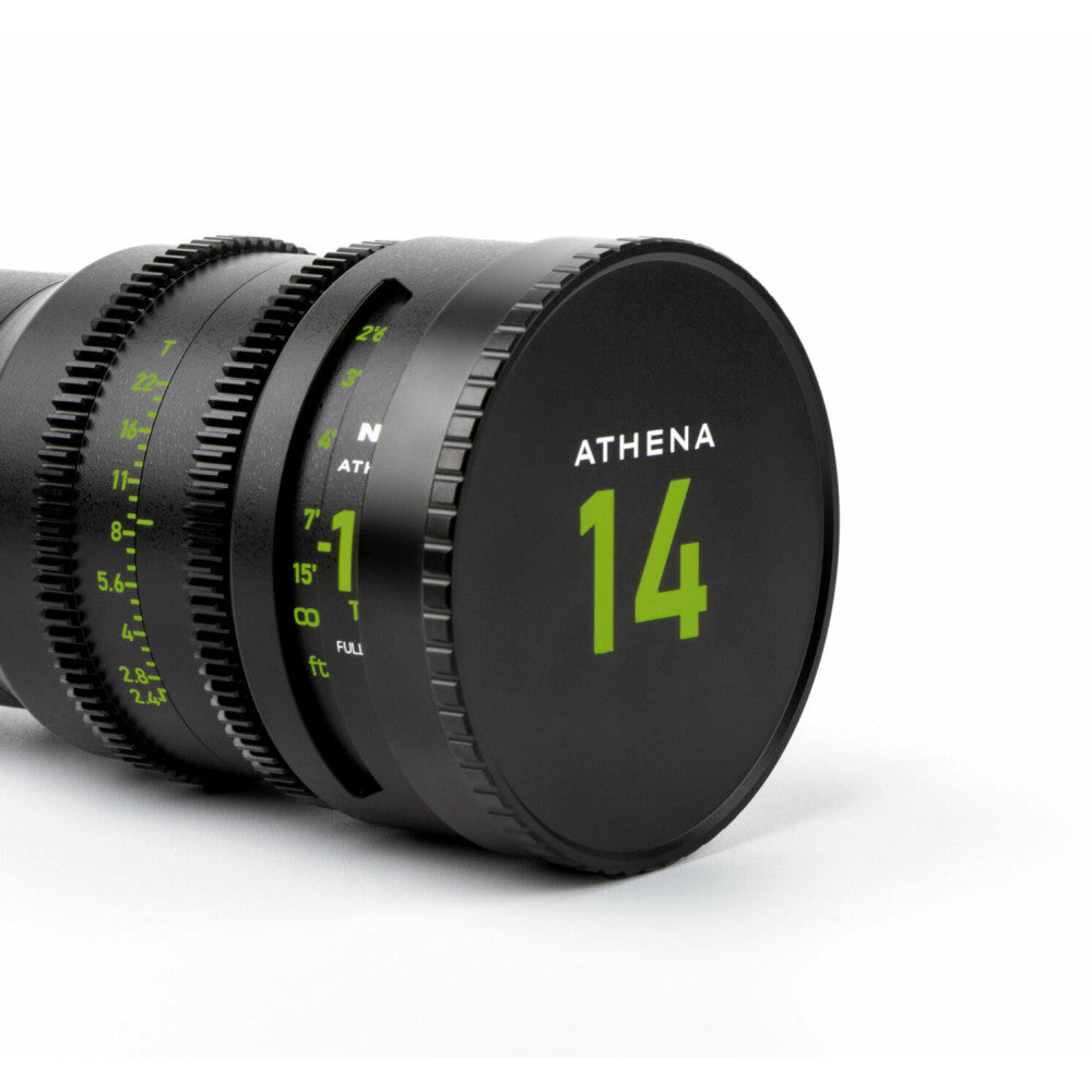 Three black cinema lenses arranged diagonally, with the front lens cap displaying "ATHENA 14" in bright green text, showing focal length markings on the barrels.