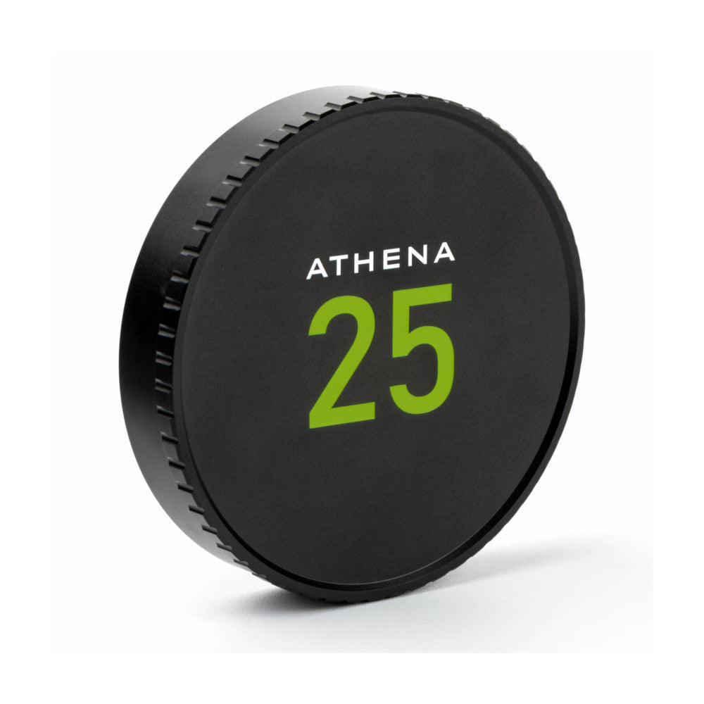 Black circular lens cap with "ATHENA 25" in white and green text, shown at an angle displaying the threaded edge against a white background.