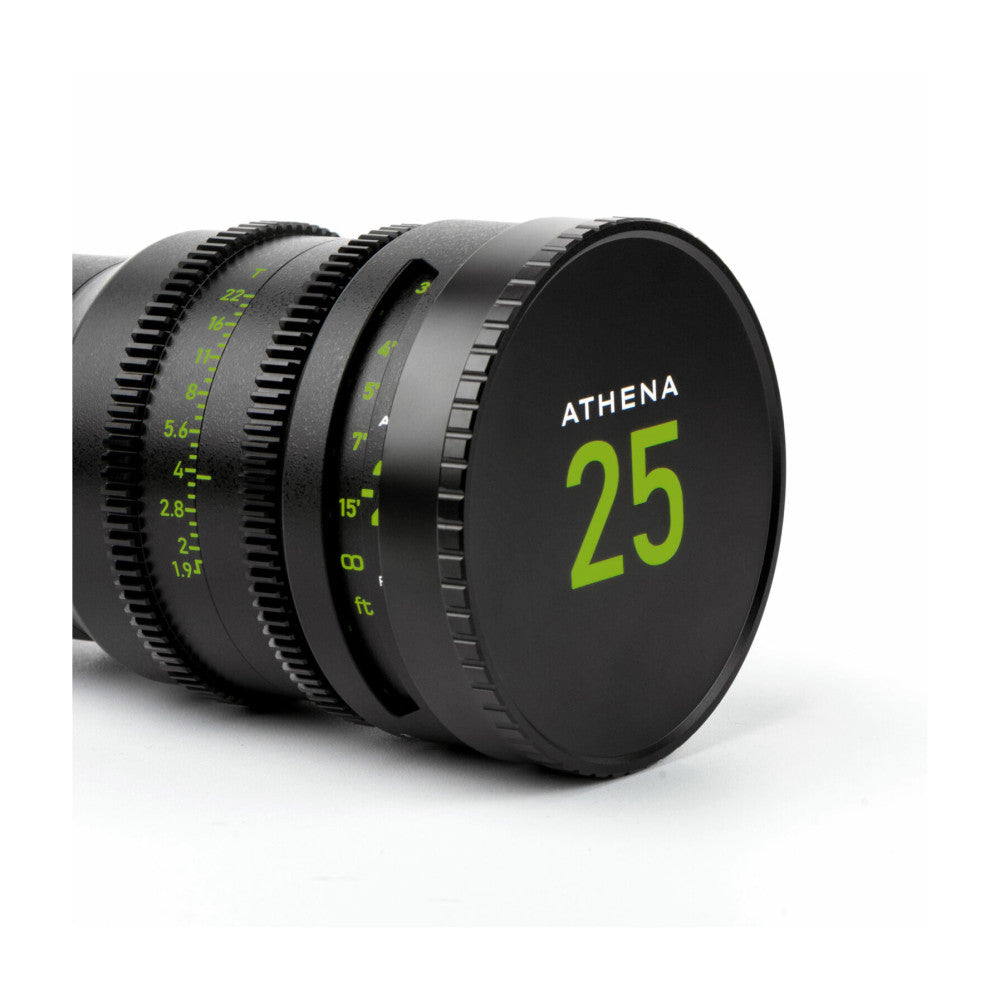 Three black cinema lenses with green markings stacked together, showing the front lens cap labeled "ATHENA 25" in bright green text.