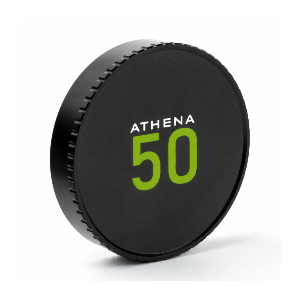 Black circular lens cap with "ATHENA 50" branding in white and lime green text, shown at a three-quarter angle against white background.