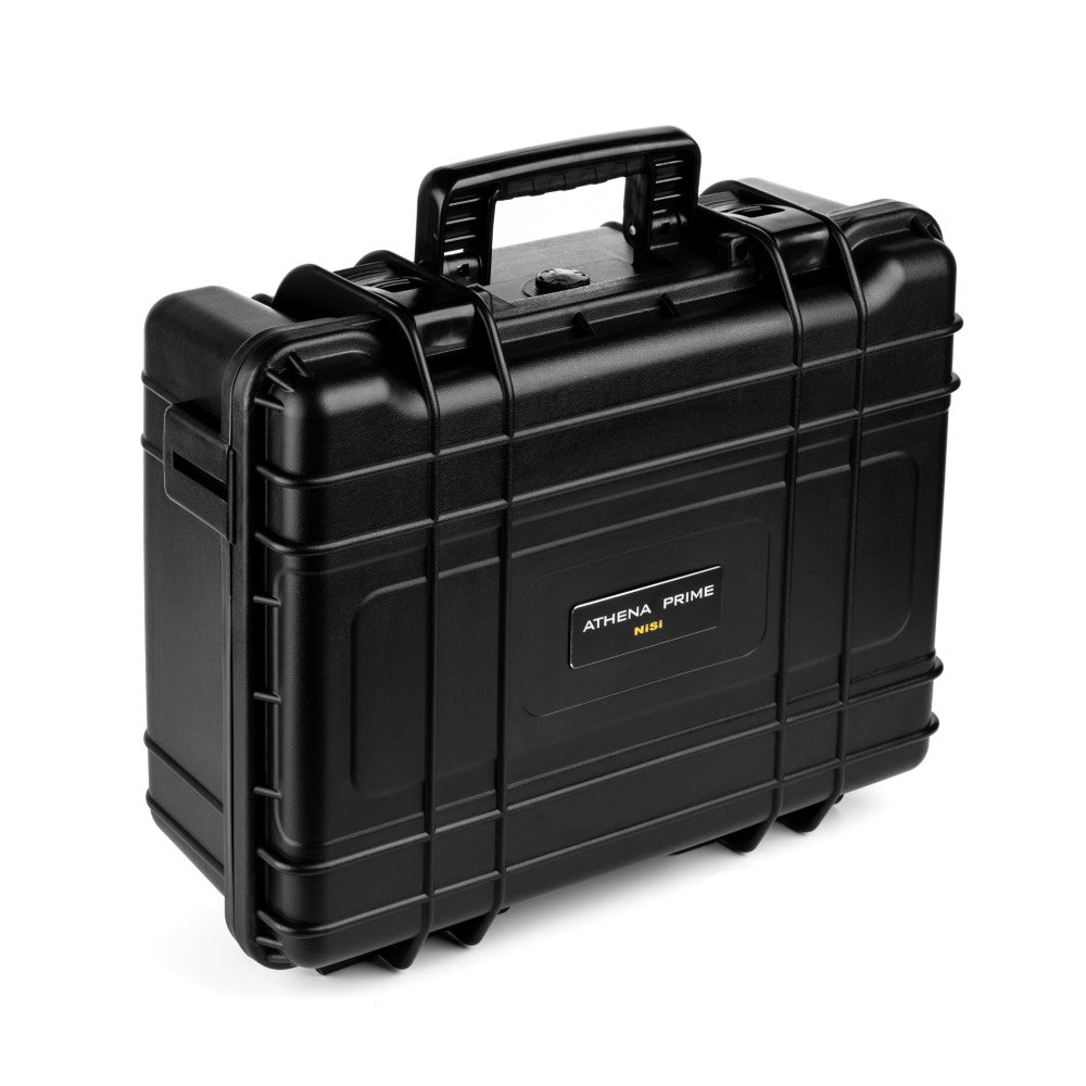 Black protective hardshell case with handle and wheels, angled three-quarter view showing "ATHENA PRIME NiSi" label on front panel.