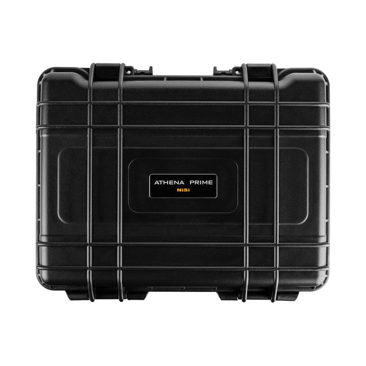 Black rugged hardshell carrying case with metal latches and handles, front view showing NiSi Athena Prime branding on center panel.