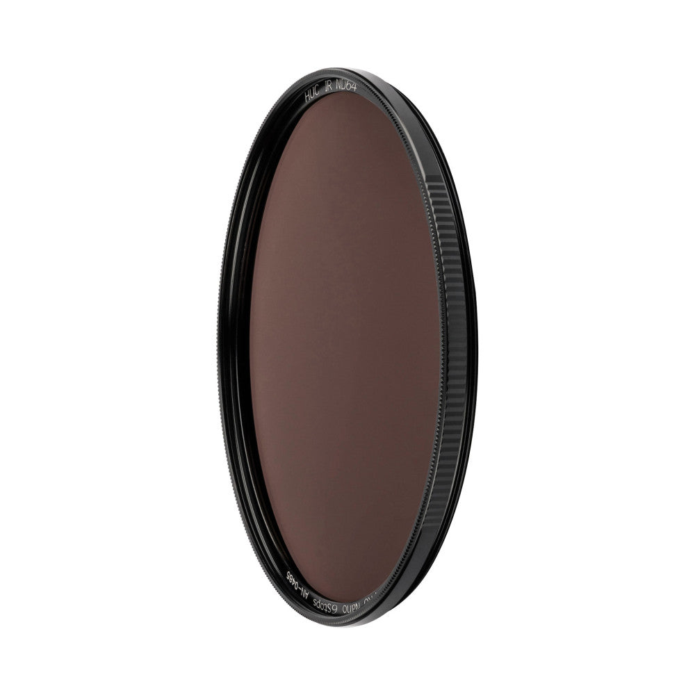 Front view of a round optical filter with dark tinted glass and black threaded metal rim against white background.