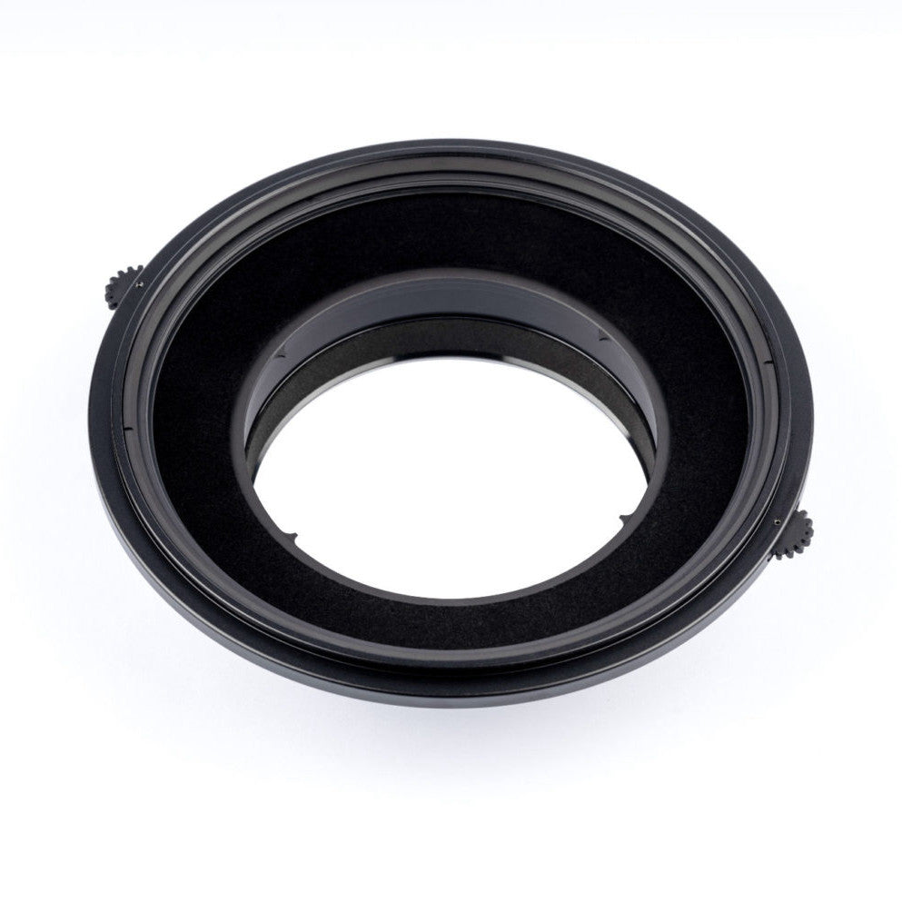 Black circular filter holder ring viewed from above, showing nested metal rings with inner opening and adjustment knobs on sides.