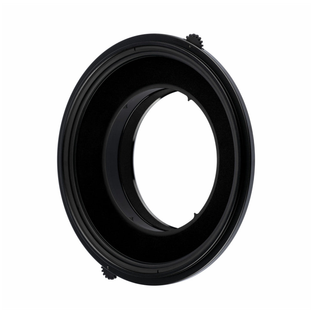 Black circular filter holder ring viewed from front angle, showing nested metal rings and adjustment knobs on sides against white background.