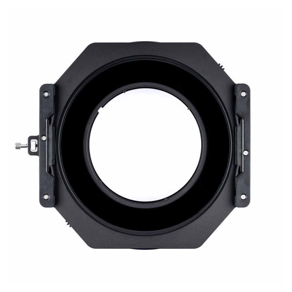 Black square filter holder with circular opening, viewed from front, showing mounting brackets and adjustment mechanism on left side.