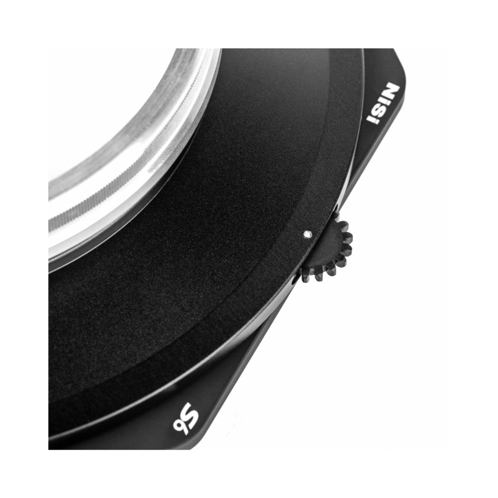 Close-up of black NiSi S6 filter holder showing gear mechanism and mounting details against white background