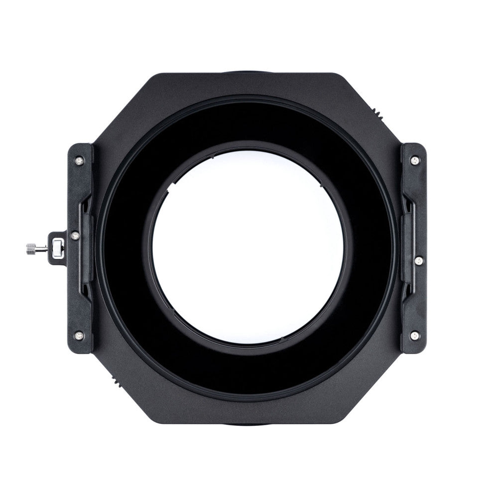 Front view of black square filter holder with circular opening and side-mounted adjustment lever against white background.