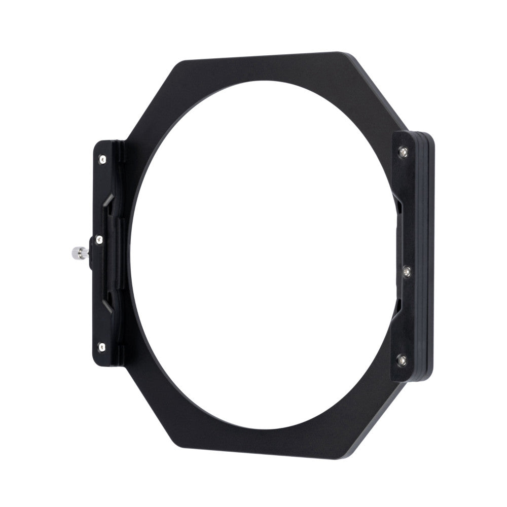 Black square filter holder with circular opening, front view against white background, showing mounting bracket on left side.