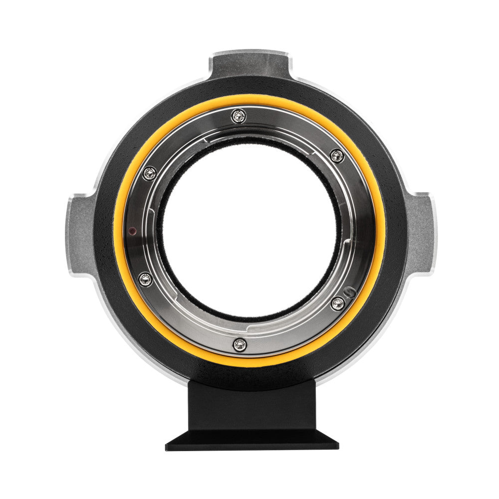 Front view of a black and yellow lens mount adapter with metal contacts and mounting points visible against a white background.