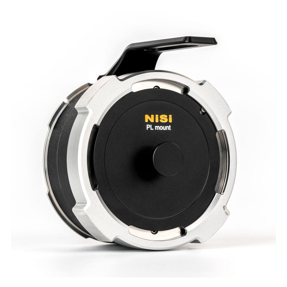 NiSi PL mount adapter ring shown from front angle, displaying white and black construction with yellow text branding and flip-up lens cap.