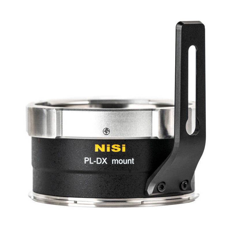 Black and silver NiSI PL-DX mount adapter shown from a three-quarter front view against a white background, displaying the cylindrical body with stainless steel ring and side handle.