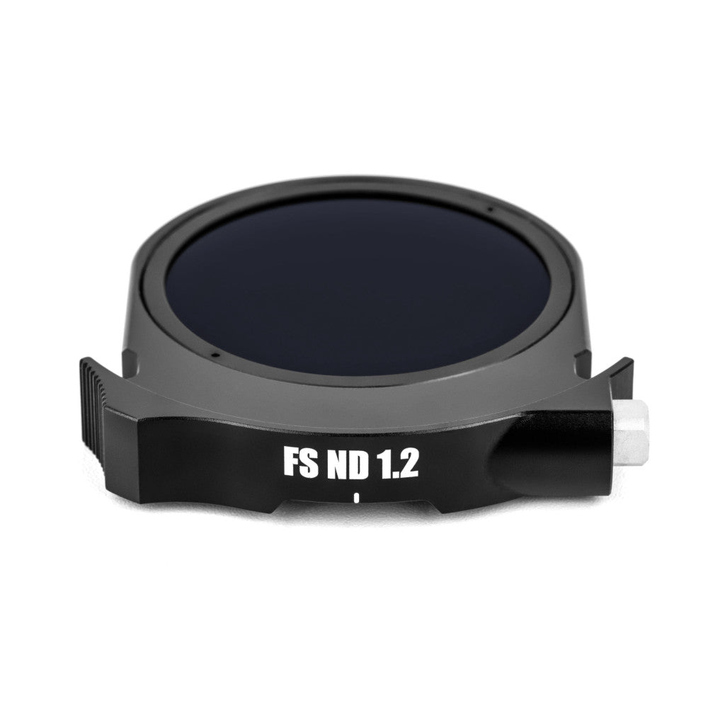 Side view of a dark gray and black ND filter with "FS ND 1.2" label, showing the cylindrical lens housing and mounting bracket against a white background.