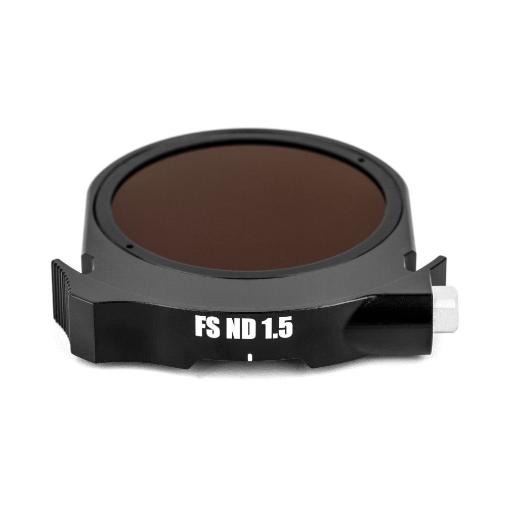 Side view of a round dark brown ND filter with black mounting bracket labeled "FS ND 1.5" against white background.