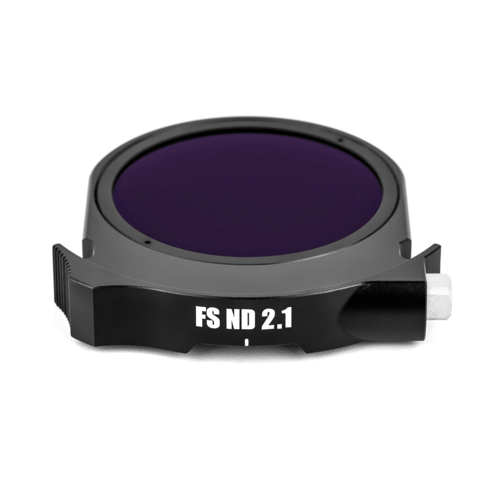 Side view of a circular neutral density filter with dark purple glass and black housing, labeled "FS ND 2.1