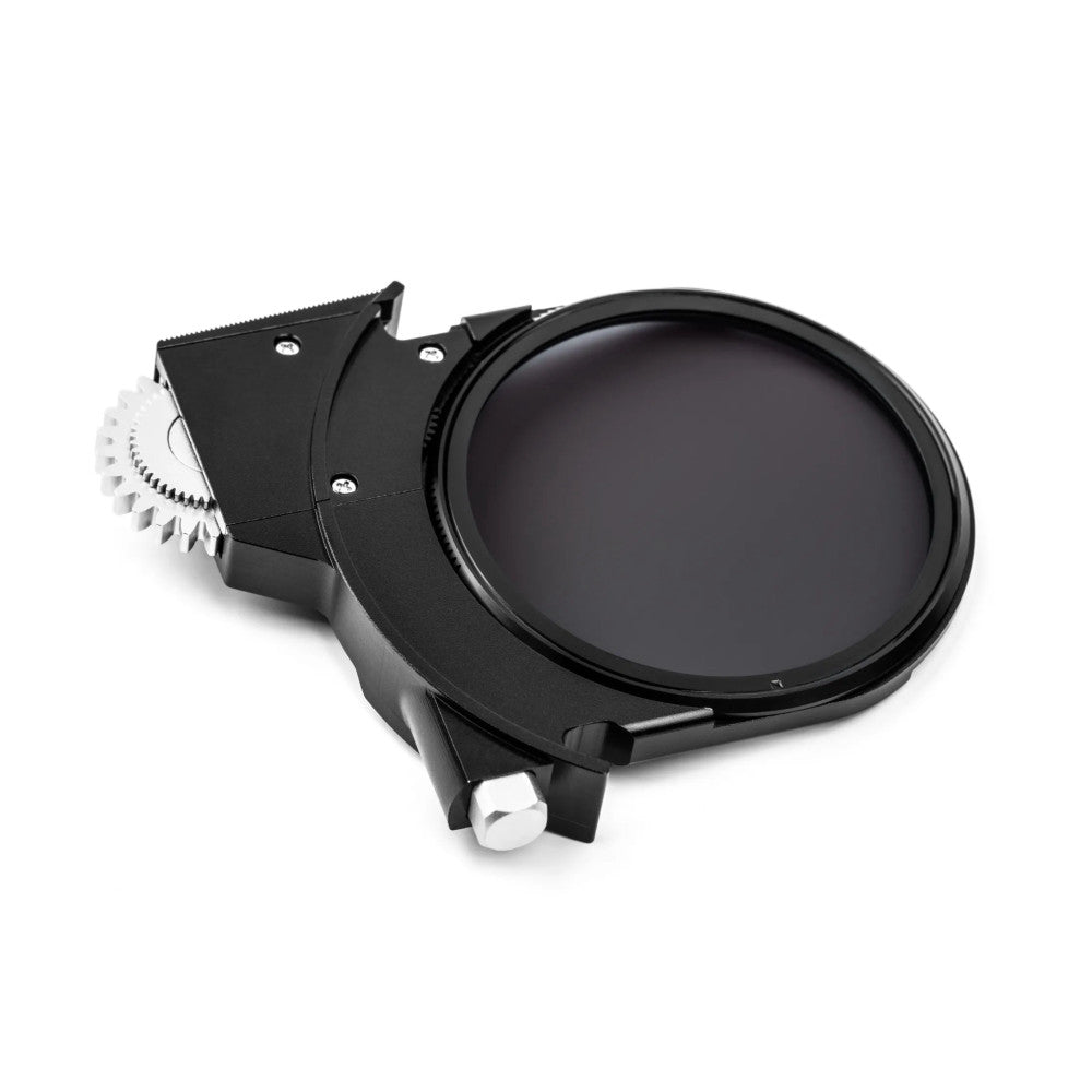 Black variable ND filter system shown at an angle, displaying the circular filter element and mechanical adjustment mechanism on a white background.