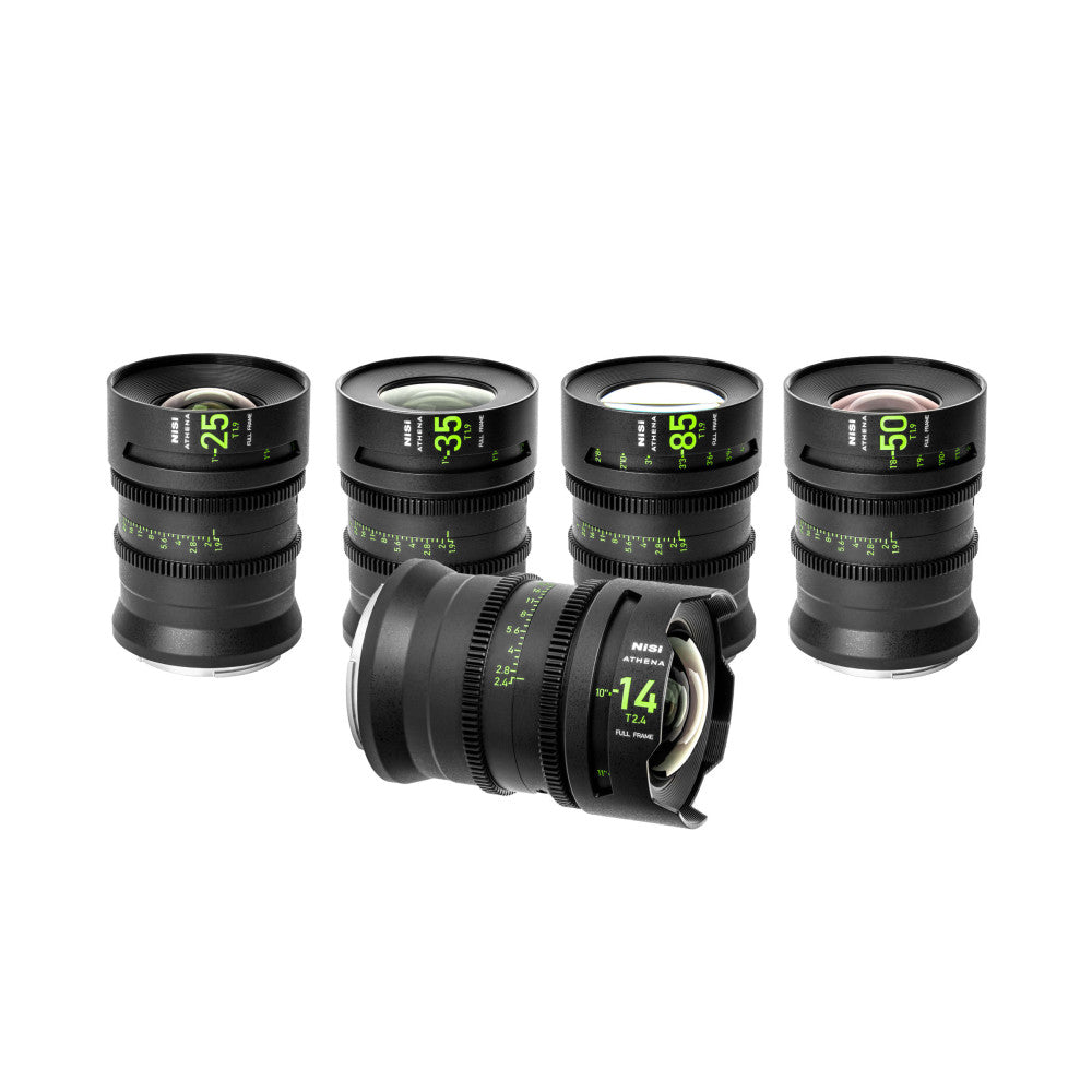 Five black cinema lenses arranged in a display, showing focal lengths 14mm, 25mm, 35mm, 50mm, and 85mm with green markings visible on their barrels.