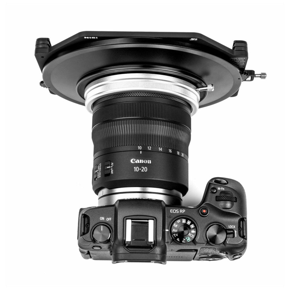 Top-down view of Canon EOS RP camera with Canon 10-20mm lens mounted under NiSi S6 ALPHA filter holder system.