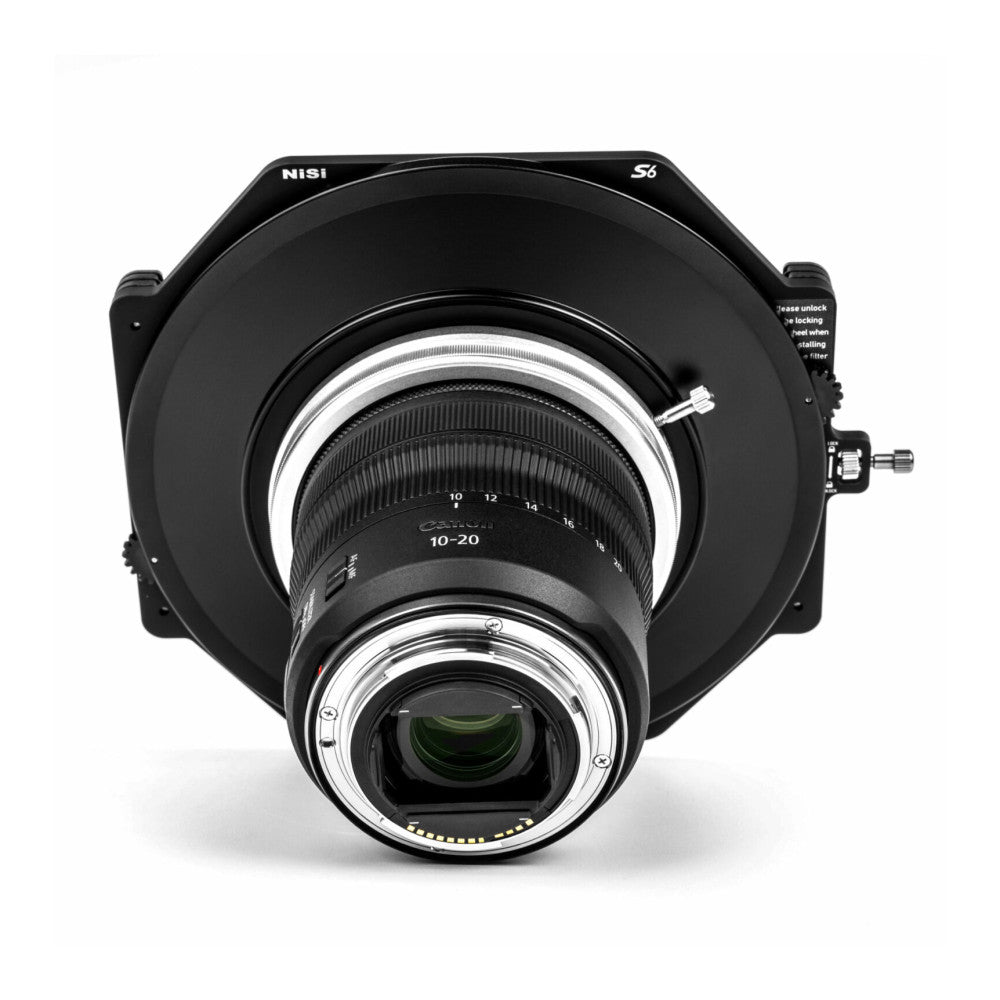 Front overhead view of NiSi S6 ALPHA filter holder system mounted on Canon RF 10-20mm lens, showing black square holder and circular adapter rings.