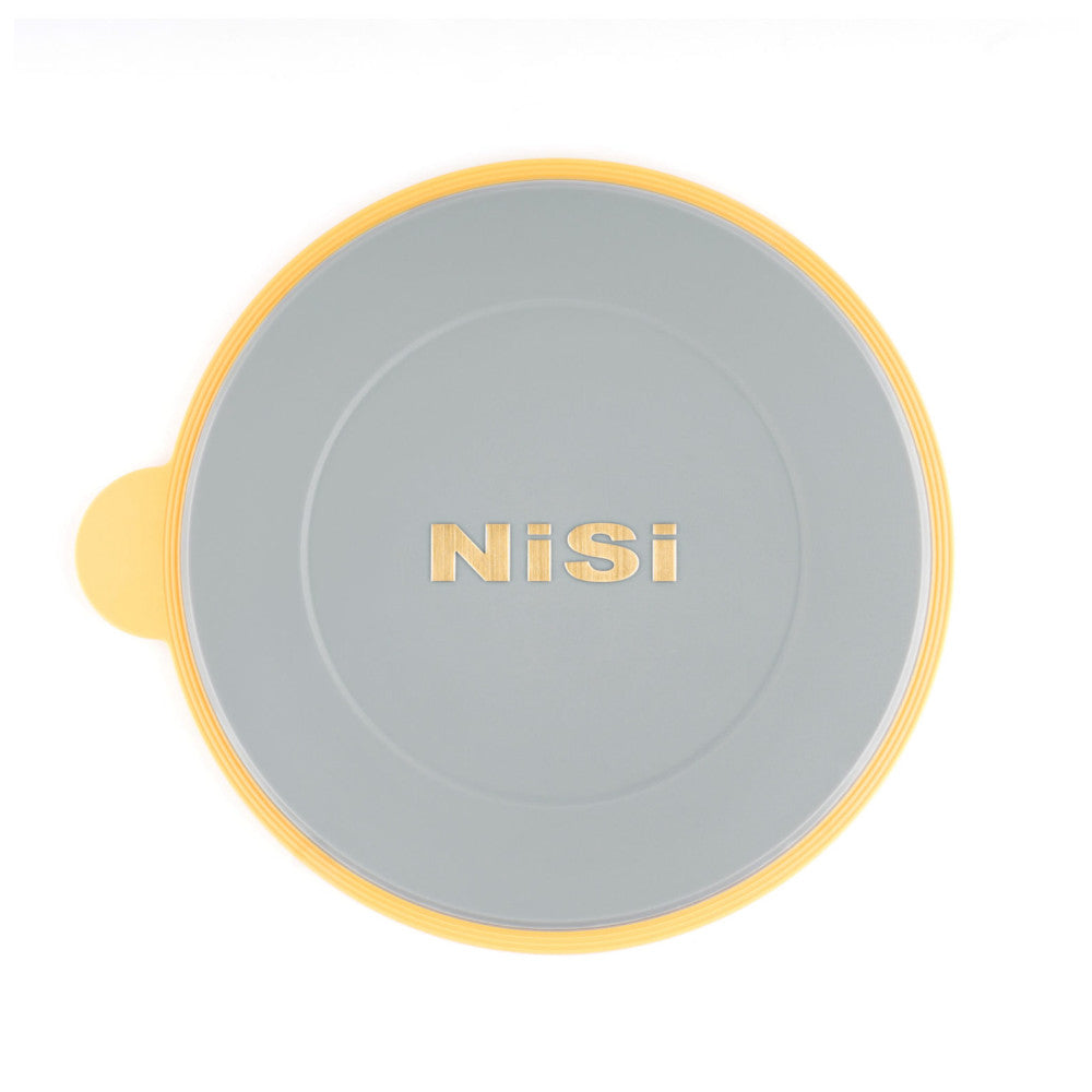 Top-down view of a circular NiSi filter holder with yellow rim and gray interior, showing the brand name embossed in the center.